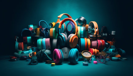 Modern nightclub showcases collection of multi colored audio equipment in close up generated by artificial intelligenceの素材