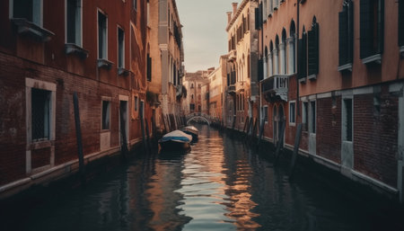 A majestic Venetian canal reflects the city architecture at dusk generated by artificial intelligenceの素材