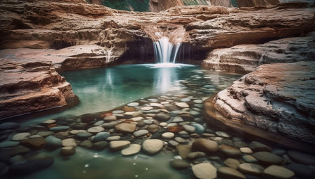 Waterfall cascades down rocky cliff in tranquil tropical rainforest adventure generated by artificial intelligenceの素材