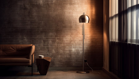 A comfortable sofa, illuminated by an old fashioned electric lamp generated by artificial intelligenceの素材