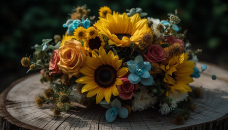 A rustic bouquet of multi colored sunflowers and gerbera daisies generated by artificial intelligenceの素材
