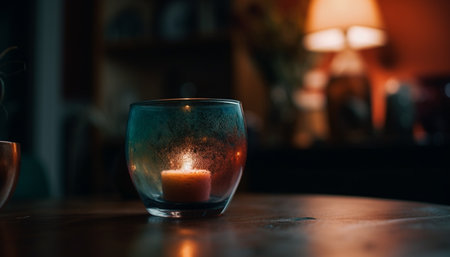 The glowing candle illuminates the comfortable home interior at night generated by artificial intelligenceの素材