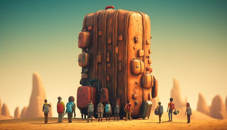 The businessman carrying a suitcase walks towards the sunset adventure generated by artificial intelligenceの素材