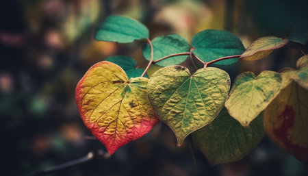 Vibrant autumn foliage on defocused forest background, nature beauty showcased generated by artificial intelligenceの素材