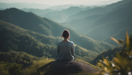 Sitting on a mountain peak, meditating, enjoying nature beauty generated by artificial intelligenceの素材