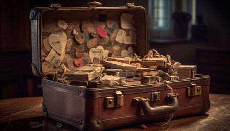 Antique leather suitcase, a rustic still life of nostalgia journey generated by artificial intelligenceの素材