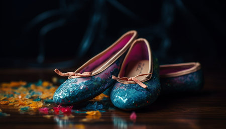 A pair of shiny high heels on wood, elegance personified generated by artificial intelligenceの素材