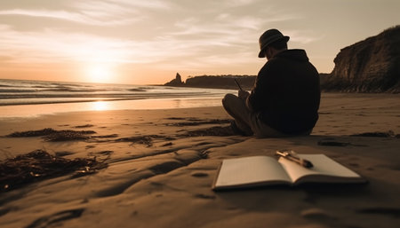 One man sitting on sand, reading book at sunset generated by artificial intelligenceの素材