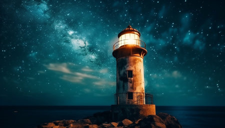 The beacon light guides ships through dangerous coastline at night generated by artificial intelligenceの素材