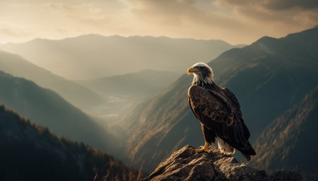 Majestic bald eagle flying over mountain range at sunset generated by artificial intelligenceの素材