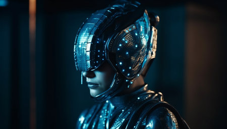 The futuristic cyborg, armed forces, and men in protective eyewear generated by artificial intelligenceの素材