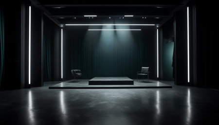 Empty stage illuminated by spotlight, modern architecture vanishing into backdrop generated by artificial intelligenceの素材
