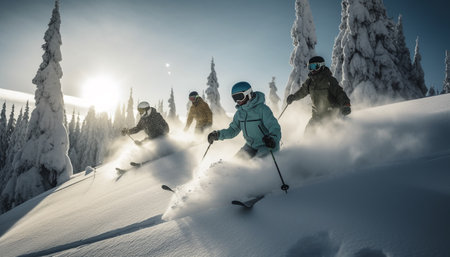 Two men ski down mountain slope, enjoying winter vacation adventure generated by artificial intelligenceの素材