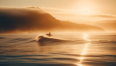 A tranquil scene of a nautical vessel sailing at dusk generated by artificial intelligenceの素材