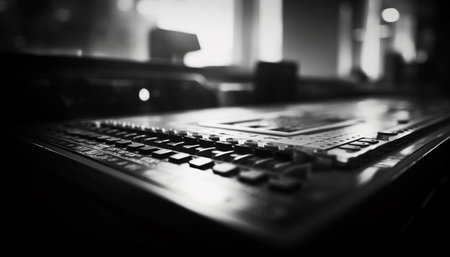 Nightclub sound mixer controls lighting and audio equipment with computer generated by artificial intelligenceの素材