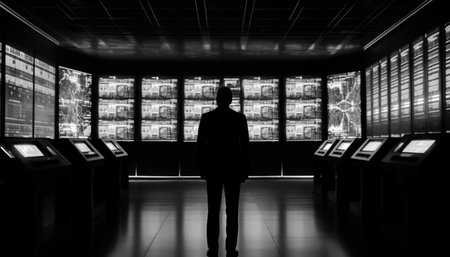 Modern businessman standing inside futuristic city, waiting for transportation success generated by artificial intelligenceの素材