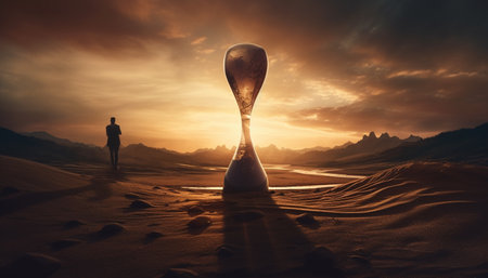 Silhouette of one person walking on sand dune at sunset generated by artificial intelligenceの素材