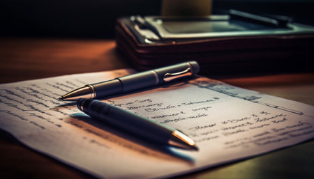 Old fashioned fountain pen on wooden desk writes successful business document generated by artificial intelligenceの素材