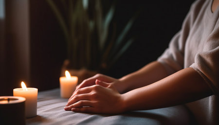 One woman meditating, holding candle, enjoying tranquil, glowing relaxation generated by artificial intelligenceの素材