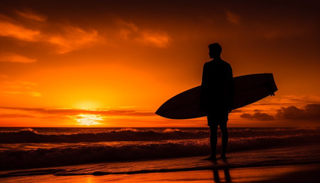 One person holding surfboard, standing on coastline at sunset generated by artificial intelligenceの素材