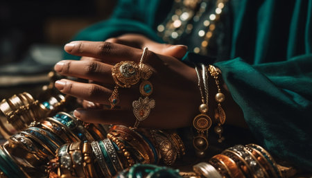 A young Indian woman holding a shiny gold bracelet generated by artificial intelligenceの素材