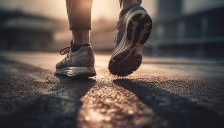 Muscular athlete races on track, one man pursuit of vitality generated by artificial intelligenceの素材