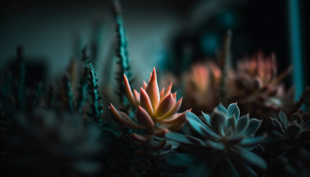 The sharp fragility of a single flower in soft focus generated by artificial intelligenceの素材