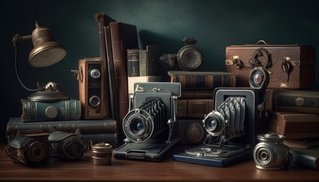 An antique camera on a wooden table exudes nostalgia and elegance generated by artificial intelligenceの素材
