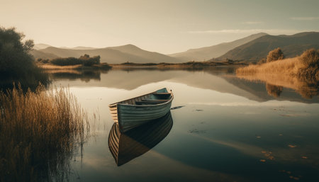 A tranquil scene of a rowboat on a serene pond generated by artificial intelligenceの素材