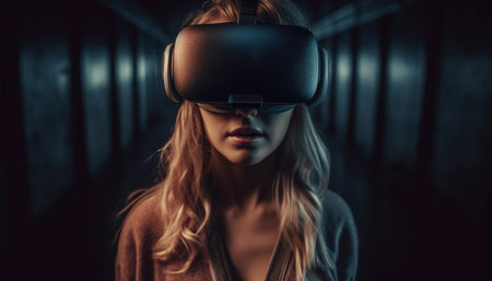 A young woman enjoys a futuristic virtual reality simulator indoors generated by artificial intelligenceの素材