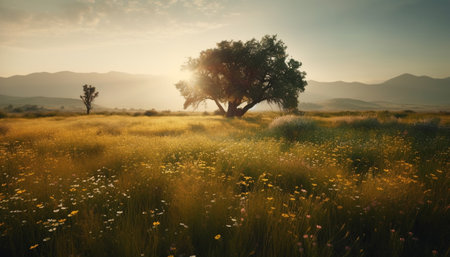 A tranquil scene of a meadow at sunset, backlit generated by artificial intelligenceの素材