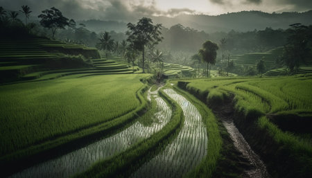 Terraced rice paddies in Bali showcase sustainable agriculture and stunning landscapes generated by artificial intelligenceの素材