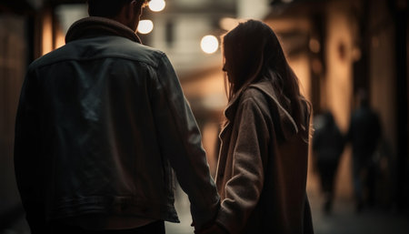 A young couple embracing in the city, enjoying winter romance generated by artificial intelligenceの素材