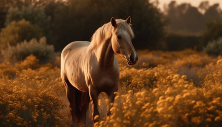 A majestic stallion grazes in a tranquil meadow at sunset generated by artificial intelligenceの素材