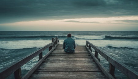 A serene person walks on the jetty, enjoying the sunset generated by artificial intelligenceの素材
