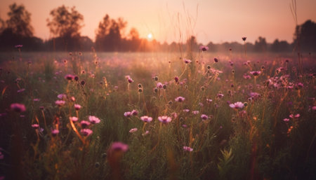 Wildflowers bloom in tranquil meadow at dawn, under purple skies generated by artificial intelligenceの素材
