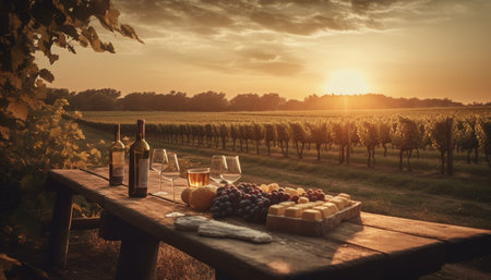 Sunset picnic in the vineyard wine, food, and relaxation generated by artificial intelligenceの素材