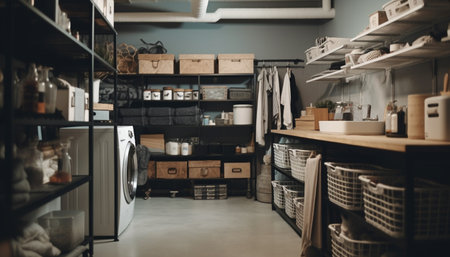 Modern domestic kitchen neat arrangement of equipment on wooden shelves generated by artificial intelligenceの素材
