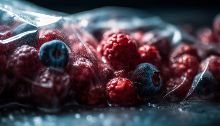 Juicy blueberries and raspberries, a sweet and healthy dessert option generated by artificial intelligenceの素材