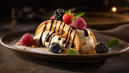 A gourmet dessert plate with raspberry and blueberry sauce generated by artificial intelligenceの素材