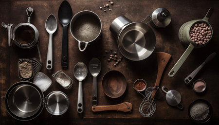 A rustic collection of kitchen utensils spoons, spatulas, ladles, and more generated by artificial intelligenceの素材