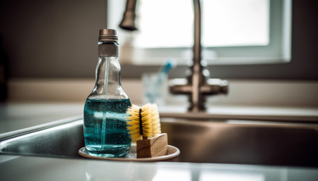 Clean and fresh kitchen sink with liquid hygiene equipment generated by artificial intelligenceの素材