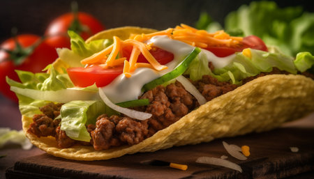 Grilled beef taco with fresh guacamole, tomato, and cilantro generated by artificial intelligenceの素材