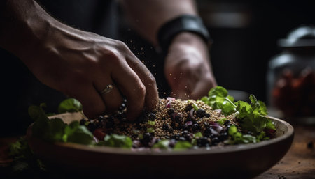 One person preparing a healthy vegetarian salad with fresh ingredients generated by artificial intelligenceの素材
