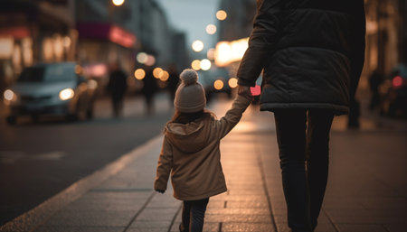 A happy family walking together at dusk in the city generated by artificial intelligenceの素材