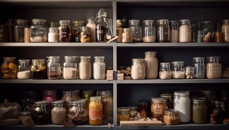 A large collection of glass jars on wooden shelves indoors generated by artificial intelligenceの素材
