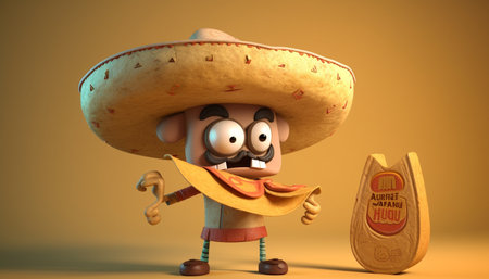 A cheerful cartoon cowboy with a sombrero plays guitar joyfully generated by artificial intelligenceの素材