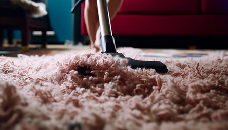 One woman cleaning the rug with a vacuum cleaner generated by artificial intelligenceの素材