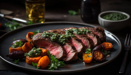 Grilled sirloin steak on rustic crockery, a gourmet main course generated by artificial intelligenceの素材