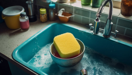 Scrubbing bubbles clean sink, dishes, and bathtub for freshness generated by artificial intelligenceの素材